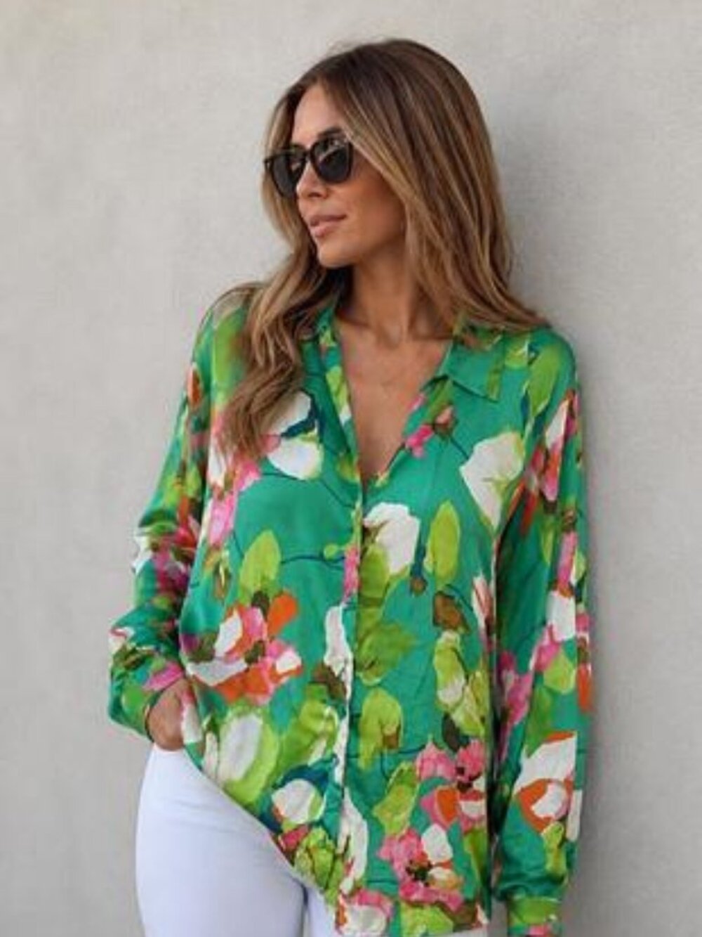 Zara Green Floral Satin Button-up Blouse Size L
